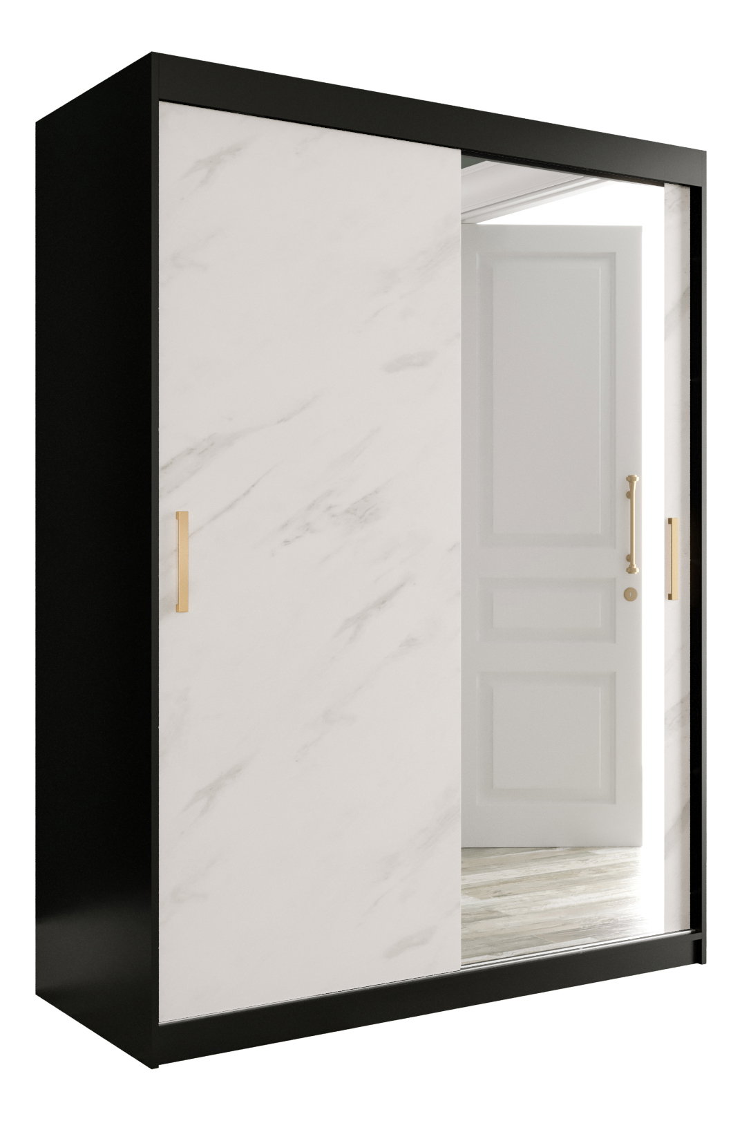 Ruhásszekrény 150 cm Marbelo T2 (matt fekete + fehér márvány)
