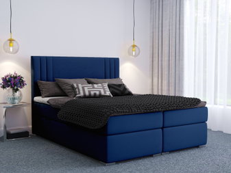 Pat matrimonial Boxspring 140 cm Morcano (albastru închis) (cu sp. depozitare)