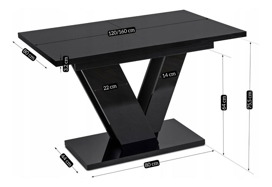 Blagovaonski stol na razvlačenje Comentado (crni sjaj) (za 4 do 6 osoba)