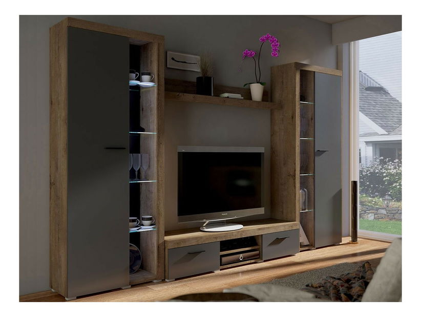 Obývacia stena Rokara XL (dub lefkas + grafit) (osvetlenie LED biele)