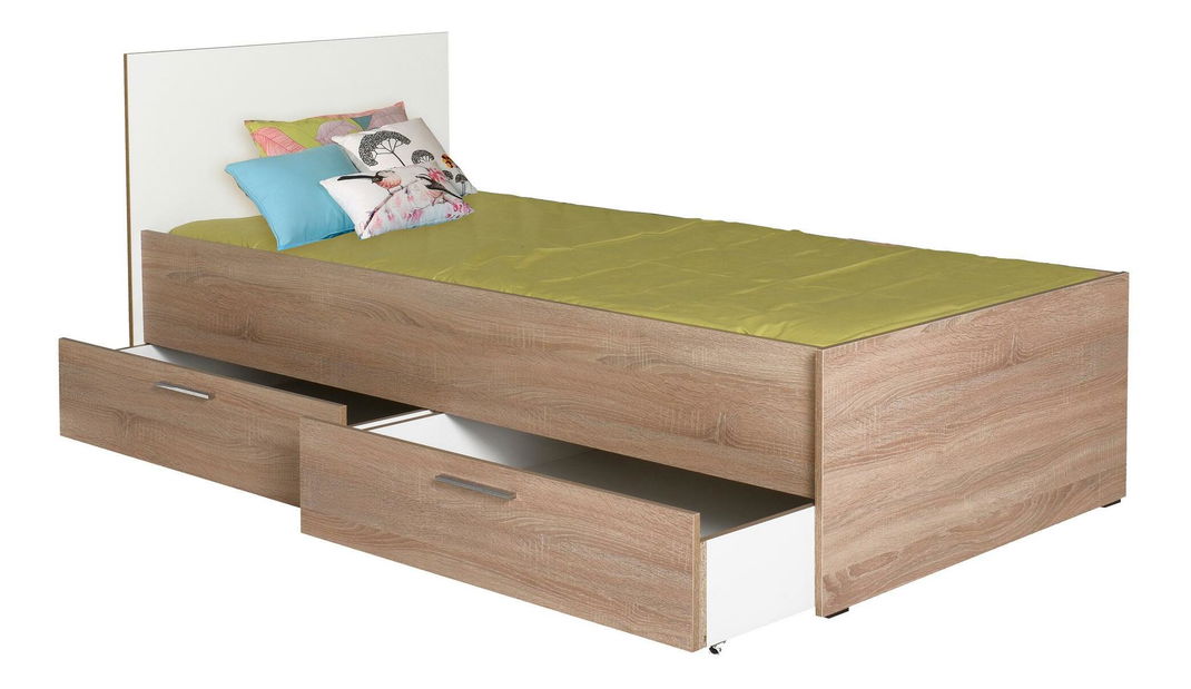 Pat de o persoană 90 cm Vobima 2 (stejar sonoma + alb) (cu somieră) (cu sp. depozitare)