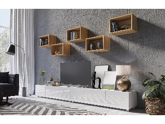 Mobilier living Calabria C32 WHITE (Alb + Stejar auriu) (fără iluminat)