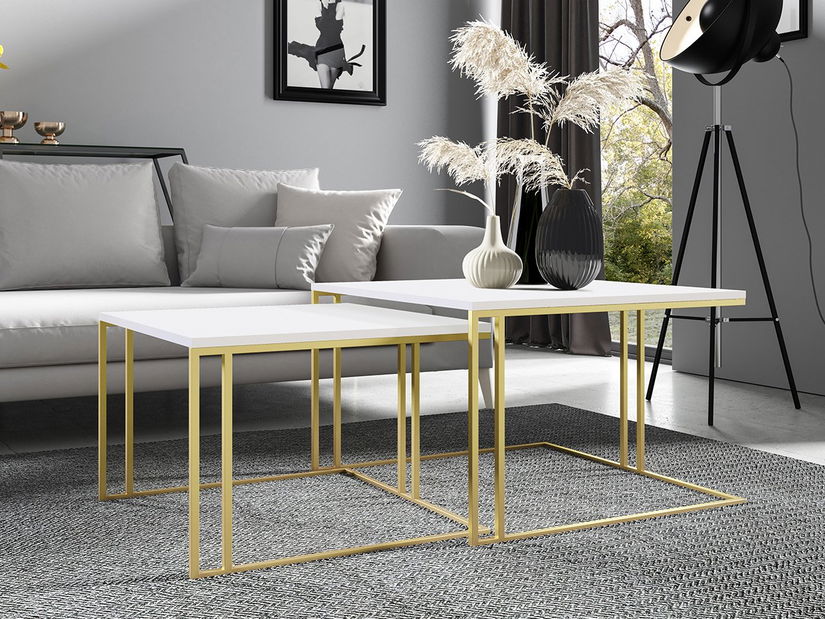 Set 2 măsuțe cafea Froyd Gold (auriu + Marmură Alb) 