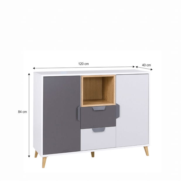 Komoda typ 08 Sinny (biela + grafit + dub lefkas)