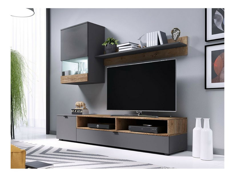 Mobilier living Timothy (Gri mat + stejar lefkas) (iluminat LED Alb)