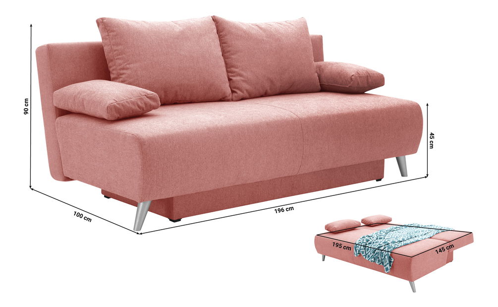 Széthúzható kanapé Pelona (rózsaszín) (tárolóhellyel)