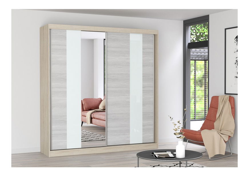 Ruhásszekrény Mebur 32 200 (Sonoma tölgy + Katthult + Fehér üveg + Tükör)