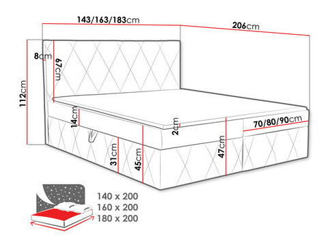 Manželská posteľ 180 cm Tebsano (čierna) (s roštom a matracom) (s úl. priestorom)