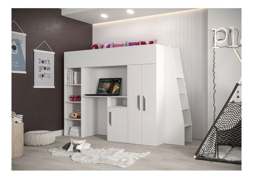Kombinált gyerekágy 90 cm Puro 15 (matt fehér + fényes fehér + szürke fogantyúk)