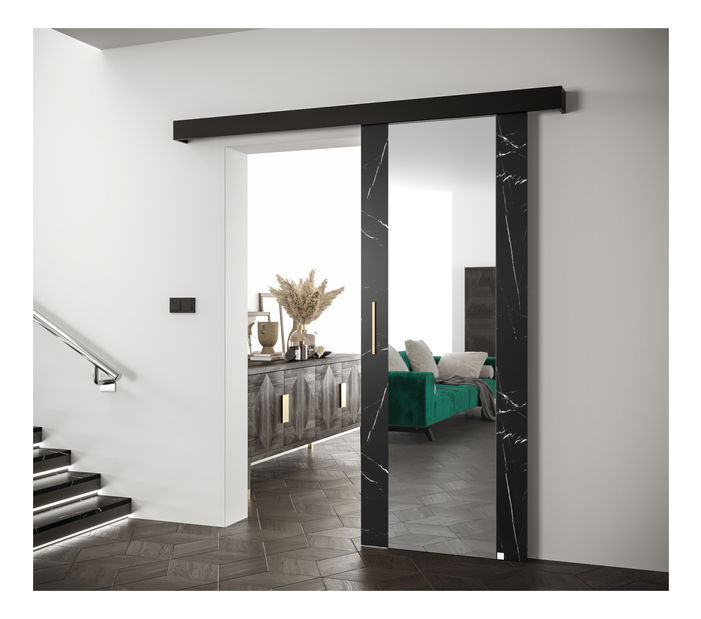 Klizna vrata 90 cm Sharlene II (mramor crni + crna mat + zlatna) (s ogledalom)