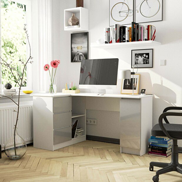 Sarok PC asztal Bienvenida (fehér + fémfényű) (L)