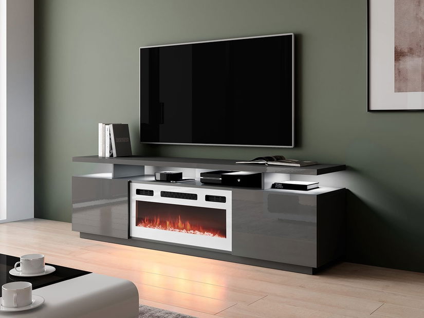 TV ormarić s kaminom Anaceta (bijela + grafit + grafit sjaj) (s LED rasvjetom)