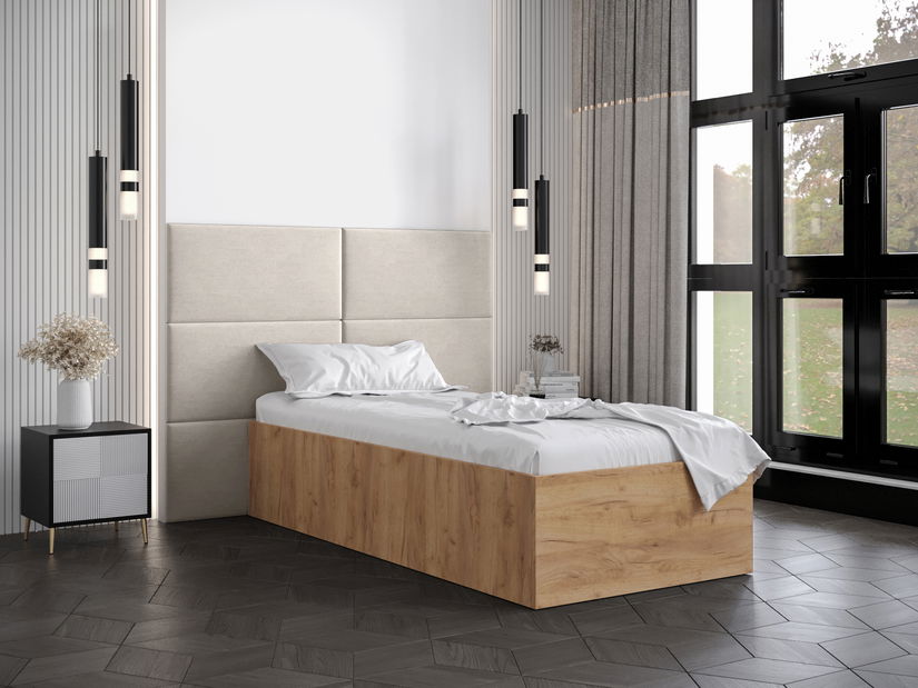 Pat de o persoană cu tăblie tapițată 90 cm Brittany 2 (Stejar craft auriu + crem) (cu somieră)