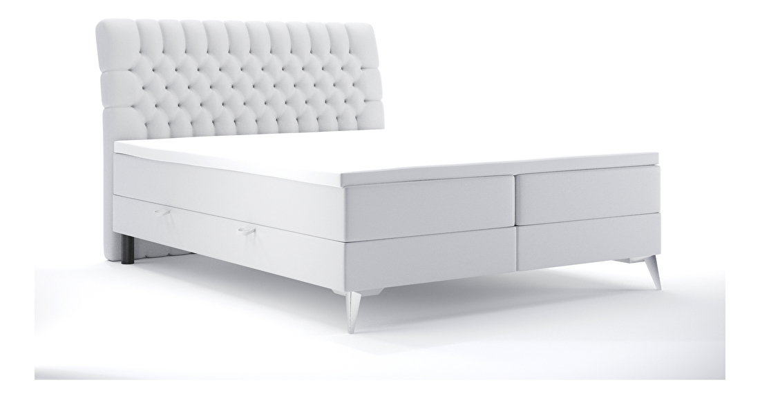 Pat matrimonial Boxspring 160 cm Molera (alb piele ecologică) (cu sp. depozitare)