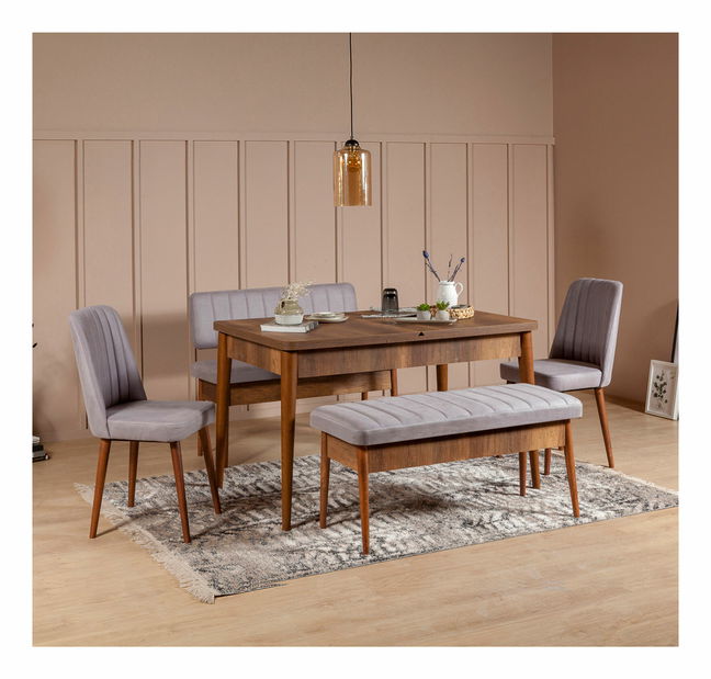 Masă de sufragerie extensibilă cu 2 scaune și 2 bănci Vlasta (nuc + gri)