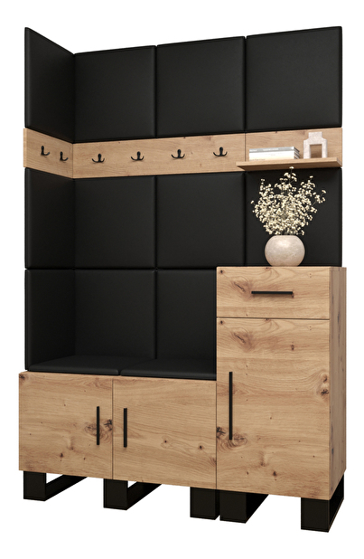 Set mobilier pentru hol Amanda 10 (Stejar artisan + piele ecologică Negru)