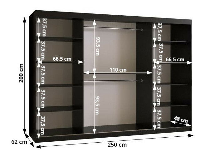 Šatníková skriňa so zrkadlom 250 cm Riana Slimo 2 250 (čierna + biela matná)