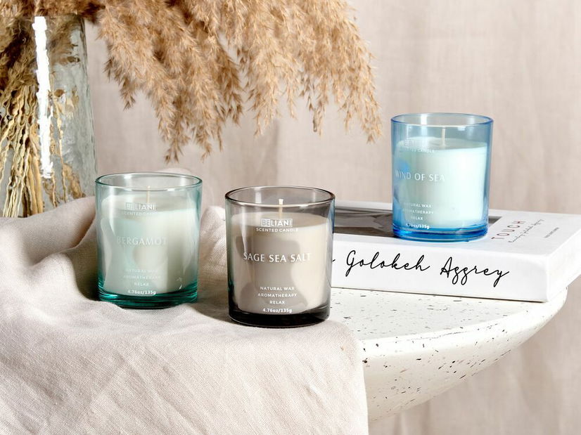 Set de 3 lumânări parfumate bergamotă/brizură de mare/salvie și sare de mare Joyza (verde)