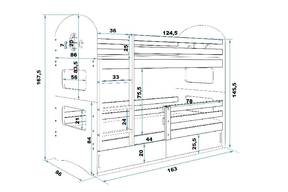 Krevet na kat 80 x 160 cm Domur (bor + grafit) (s podnicom, madracem i prostorom za odlaganje)