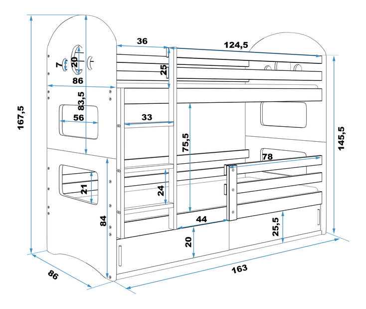 Emeletes ágy 80 x 160 cm Domur (fenyő + kék) (ágyrácsokkal és tárolóhellyel)