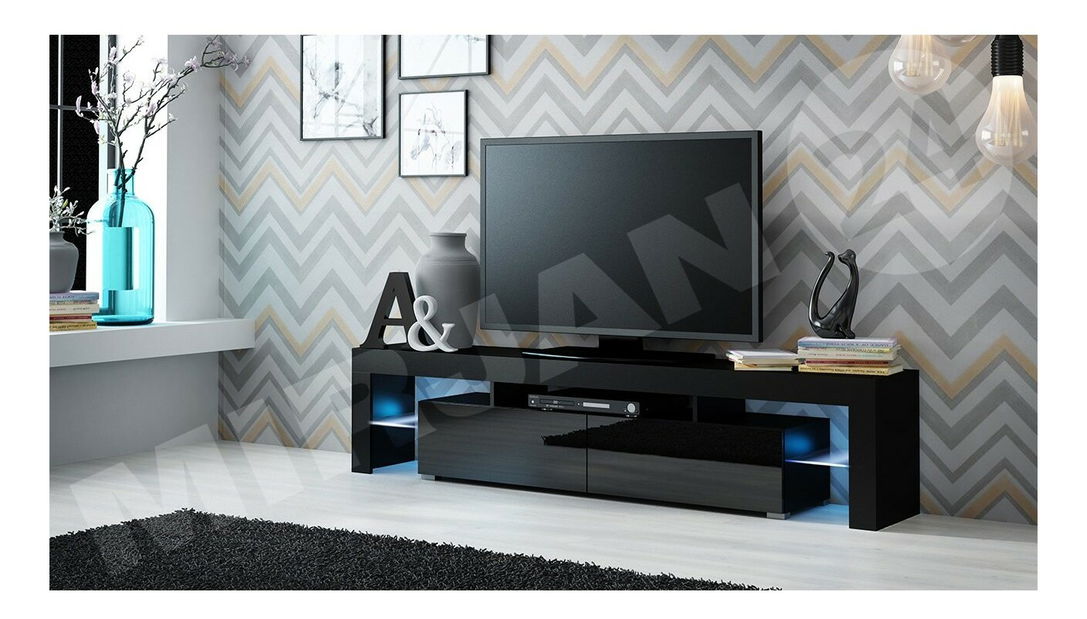 Masă TV/ Dulap Mirjan Milos (Negru + Negru lucios ) (iluminat LED Albastru)