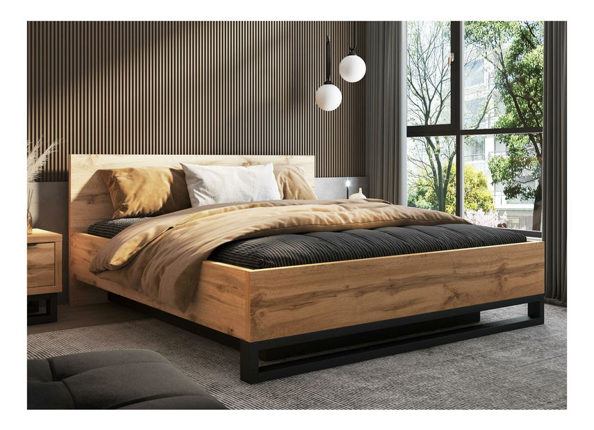 Manželská posteľ Helles 180 (dub wotan + čierna) (s roštom) (s úl. priestorom)