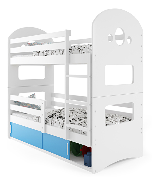 Poschodová posteľ 80 x 190 cm Domur (biela + modrá) (s roštami, matracmi a úl. priestorom)