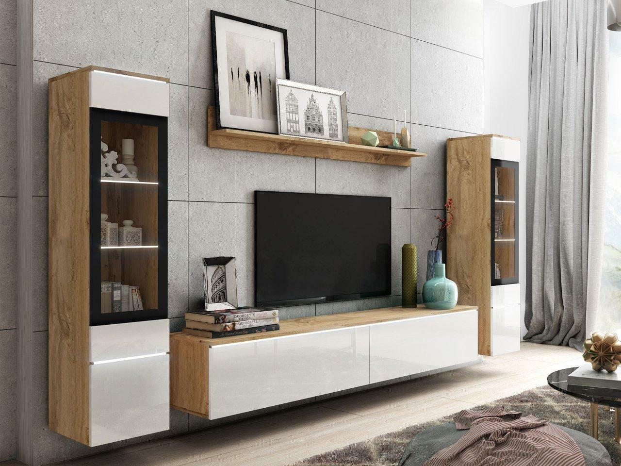 Mobilier living Selwyn II (wotan + Alb lucios ) (iluminat LED Alb)