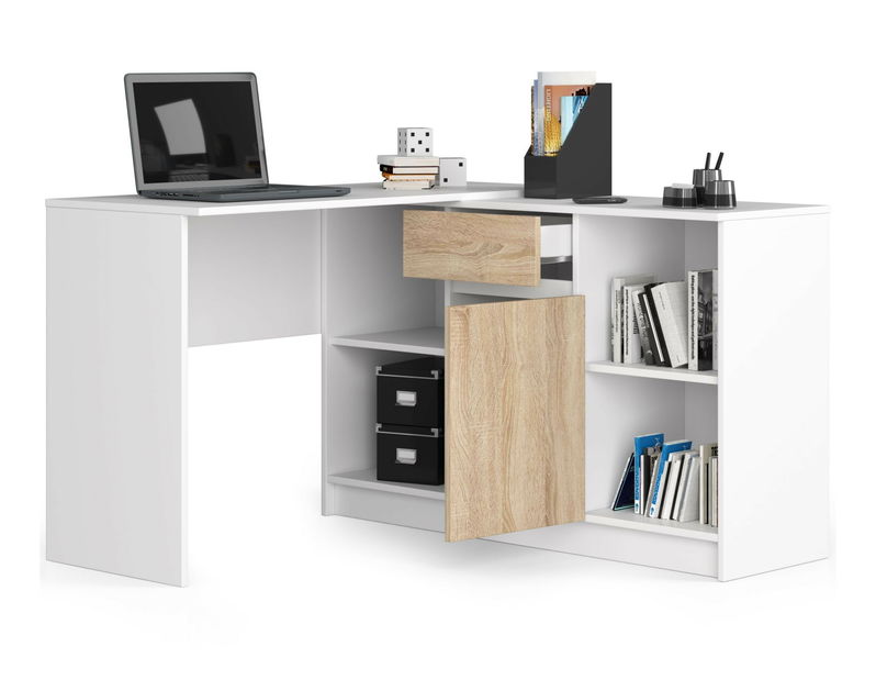Rohový PC stolík Bahar (biela + dub sonoma)