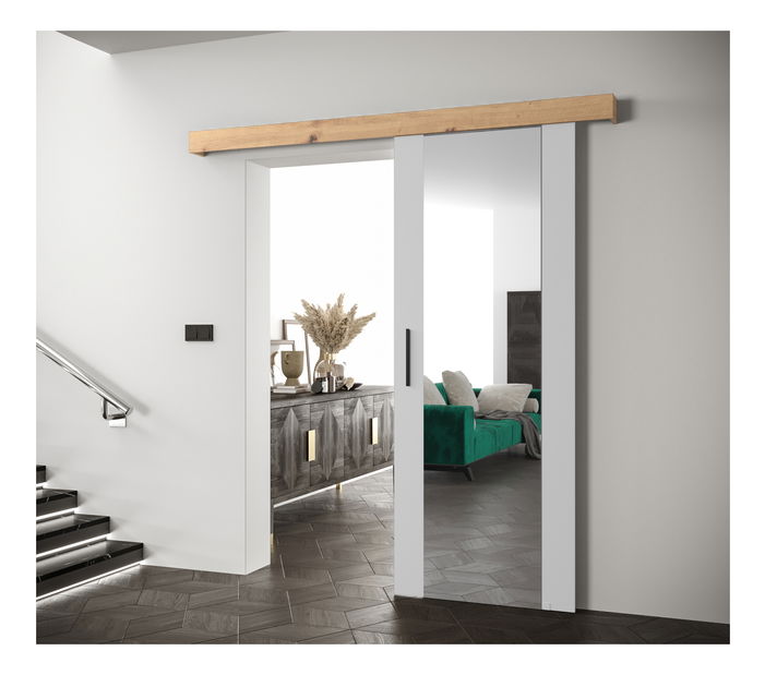 Klizna vrata 90 cm Sharlene II (bijela mat + hrast artisan + crna) (s ogledalom)