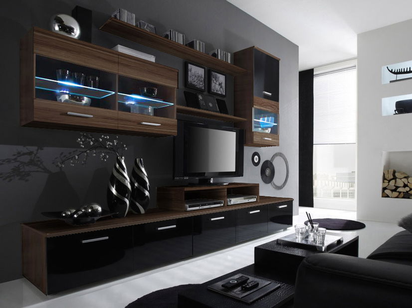 Obývacia stena BRW Logo II slivka + lesk čierny (s osvetlením)