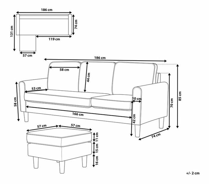 Canapea 3 locuri Arran (gri închis) (cu taburete) 