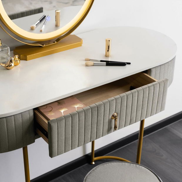 Toaletni stolić Afecto (siva + zlatna) (s tabureom i LED ogledalom)