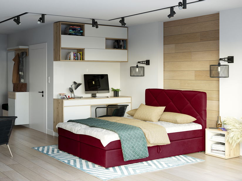 Pat matrimonial Boxspring 160x200 cm Karum Comfort (bordo) (cu somieră și saltea)