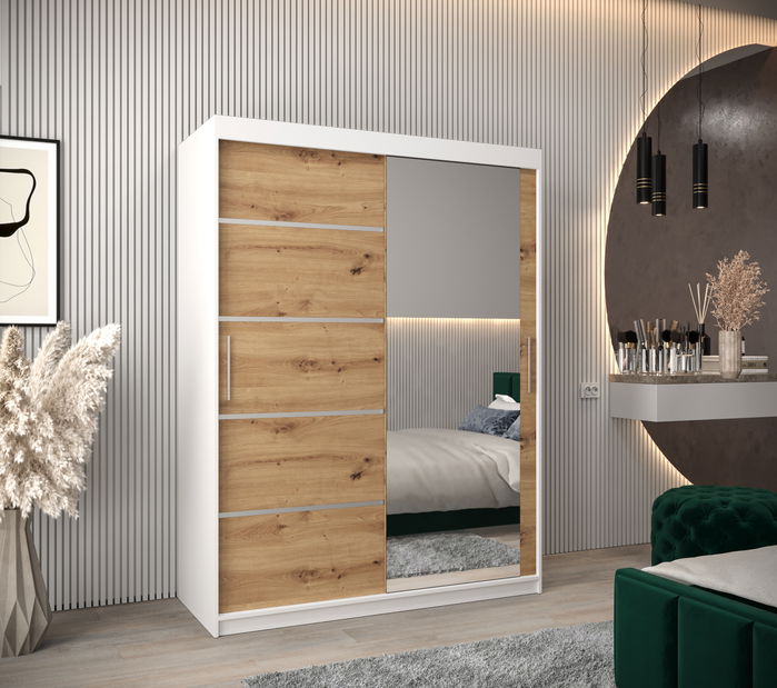 Dulap de haine 150 cm cu oglindă Verika 2 150 (alb + stejar artisan)