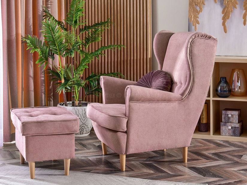 Kreslo ušiak Margis (púdrová ružová + orech)