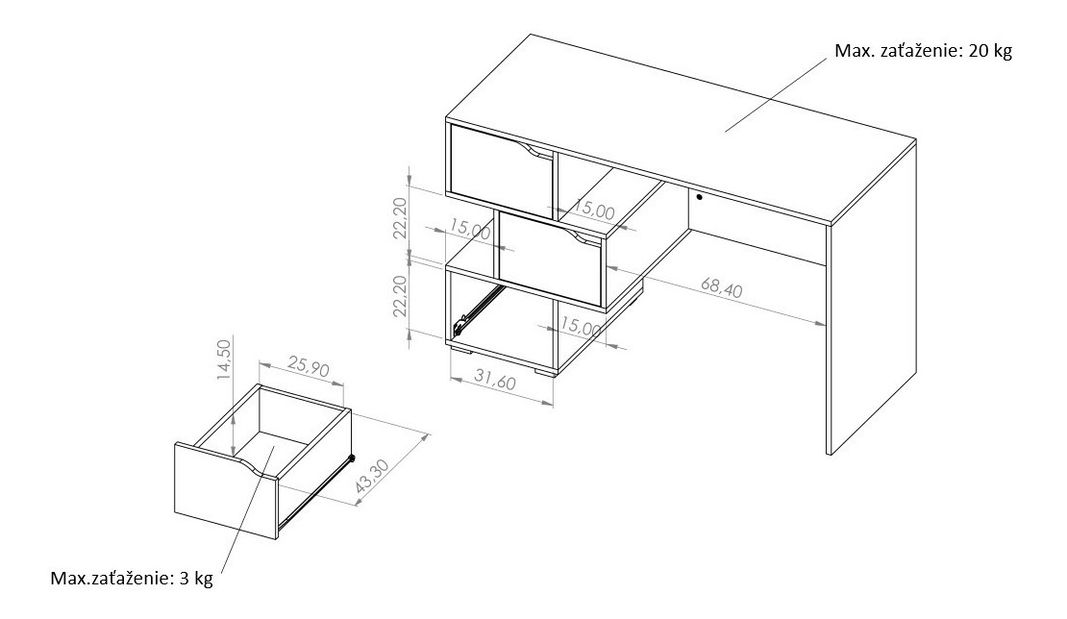 Masă PC Iweta 1 (Alb mat + Stejar auriu)