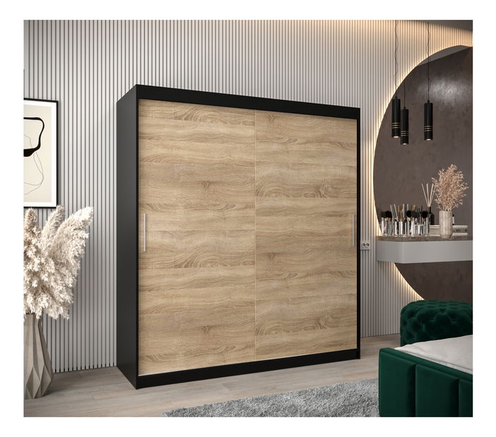 Šatníková skriňa 180 cm Toki (Čierna matná + Dub sonoma)
