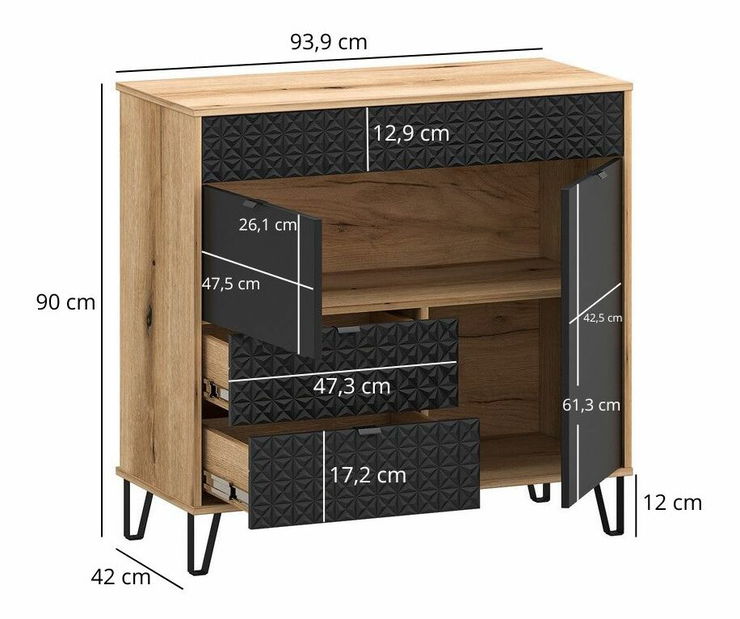 Komoda Botones (hrast evoke + crna) 