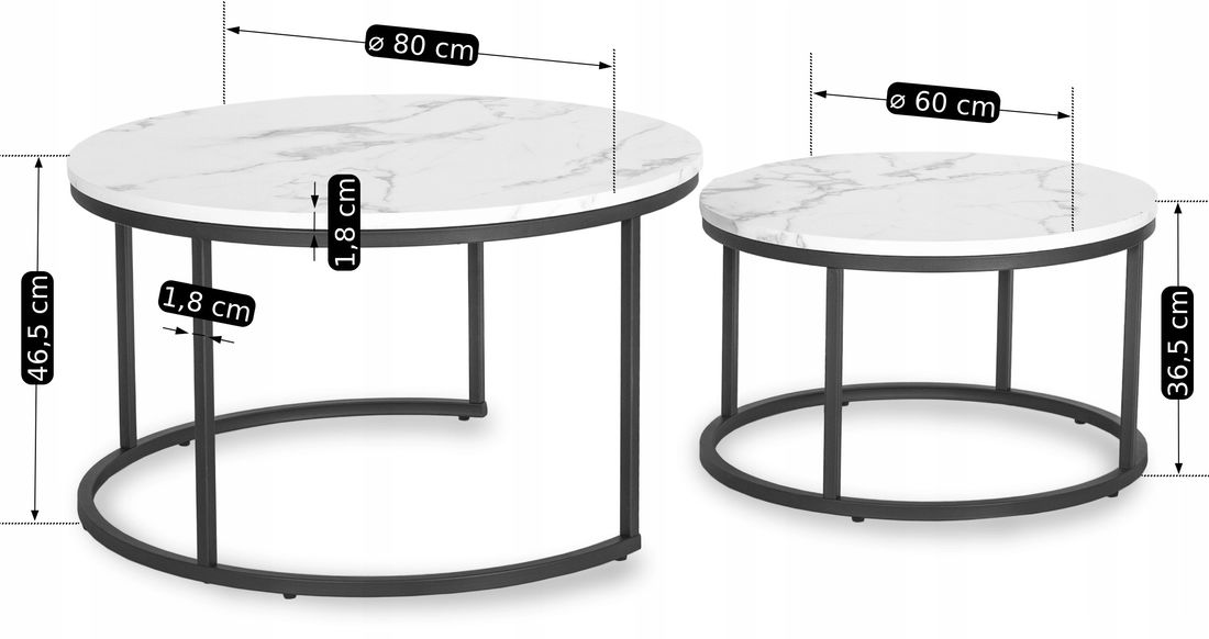 Set 2 konferenčných stolíkov Delito Max (mramor biely + čierna) 