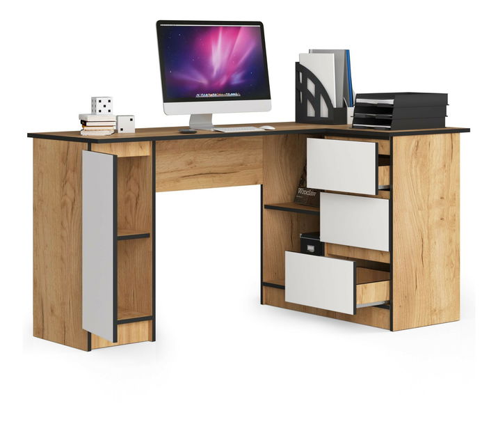 Masă PC de colț Bevin (Stejar craft + Alb) (D)