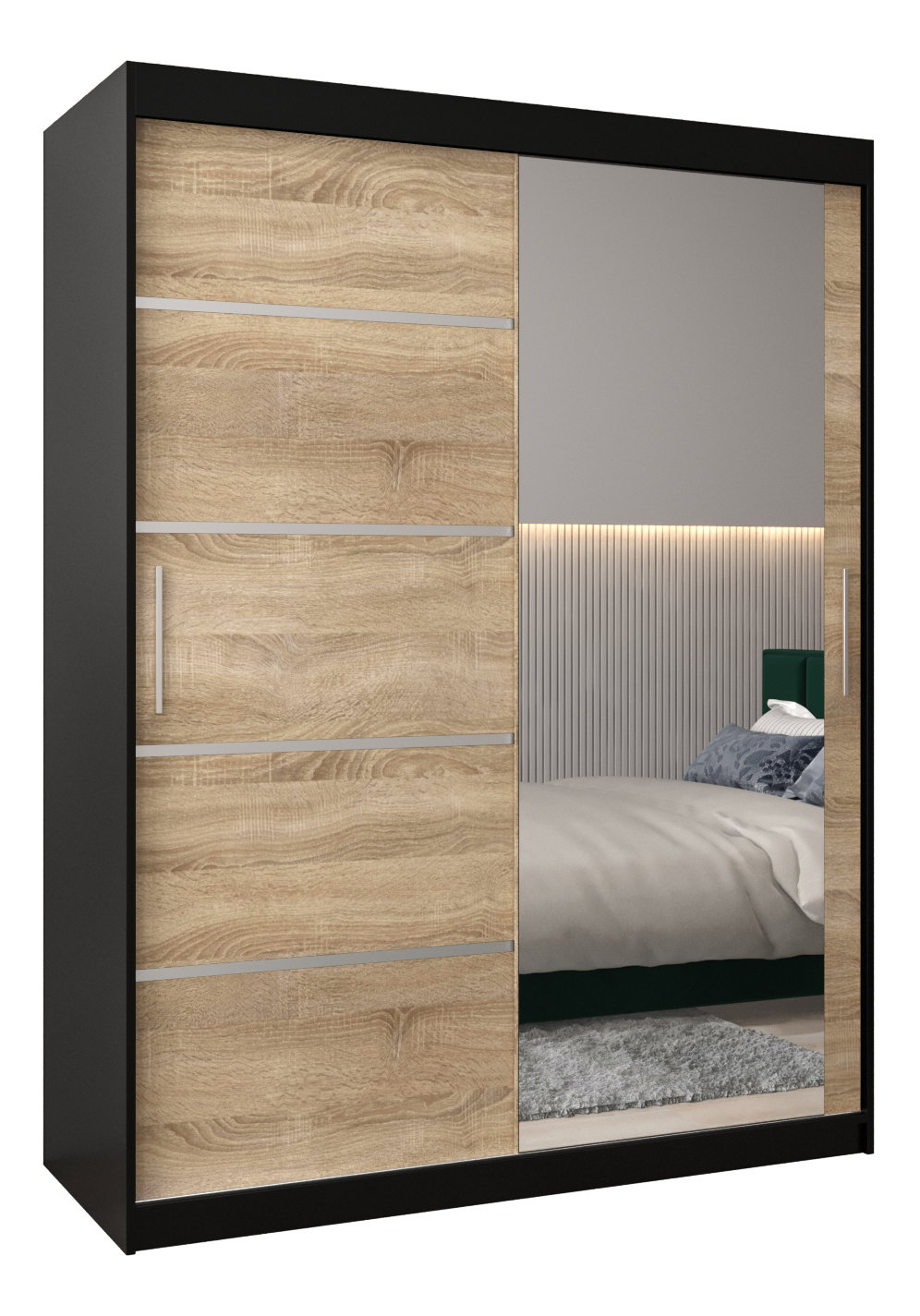 Šatníková skriňa 180 cm so zrkadlom Verika 2 180 (čierna + dub sonoma)