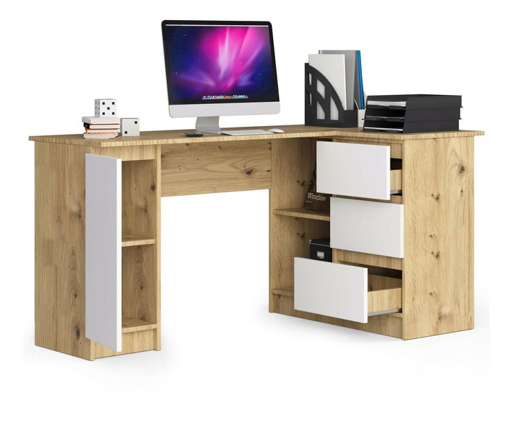 Masă PC de colț Bevin (Stejar artisan + Alb) (D)