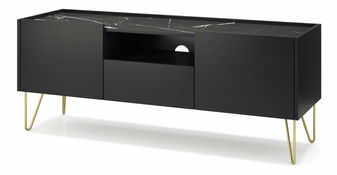 TV stolík/skrinka Harvest RTV144 (grafit čierny + mramor black royal + zlatá)