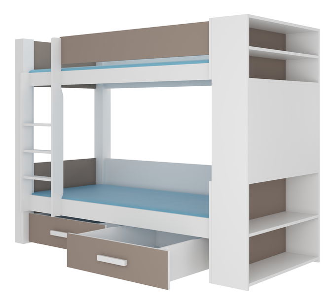 Emeletes gyerekágy 200x90 cm Gabriela (ágyráccsal) (fehér + trüffel)