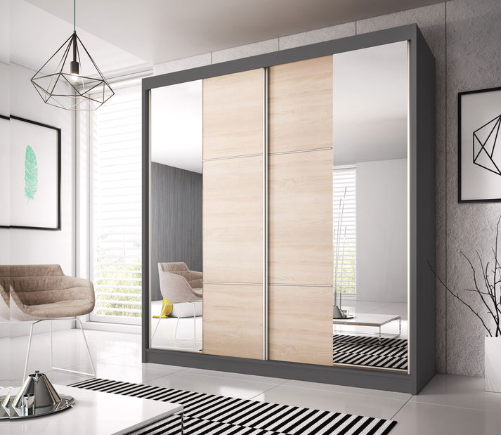 Ruhásszekrény Mebur 36 200 (grafit + Sonoma tölgy + Tükör)