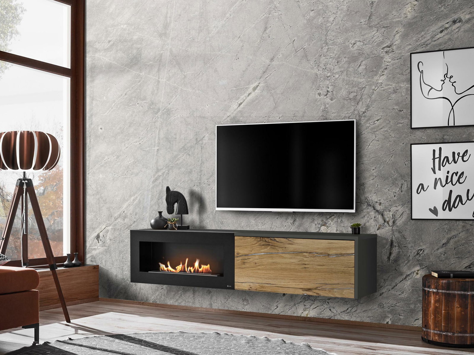 TV stolić/ormarić Dalton (antracit + hrast flagstaff) (s bio kaminom)