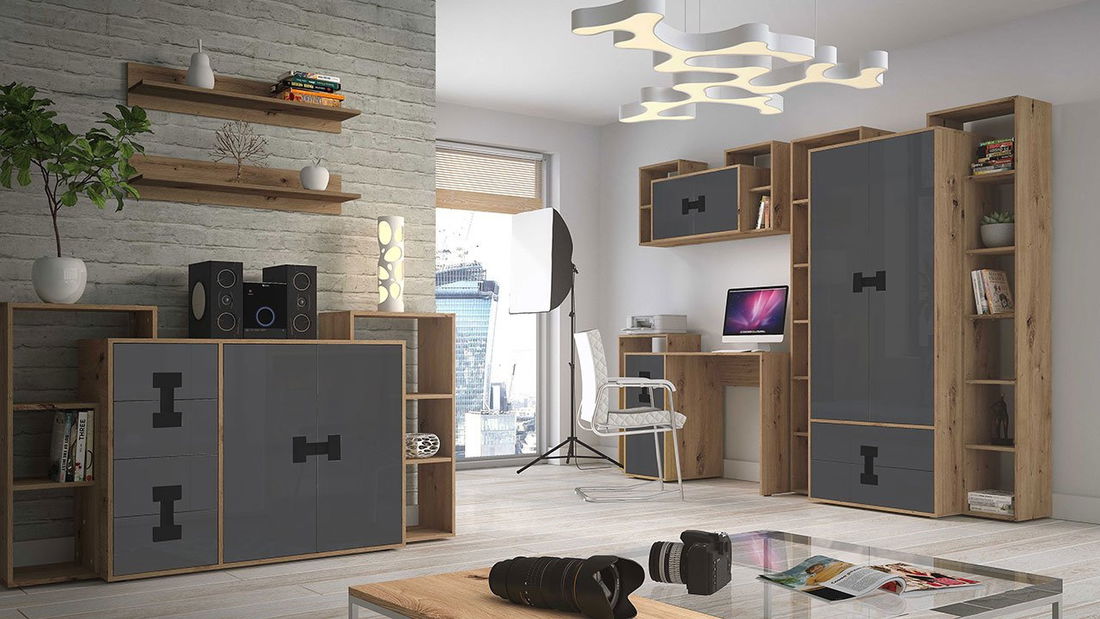 Mobilier cameră studenți Marcel II (stejar artisan + gri lucios)