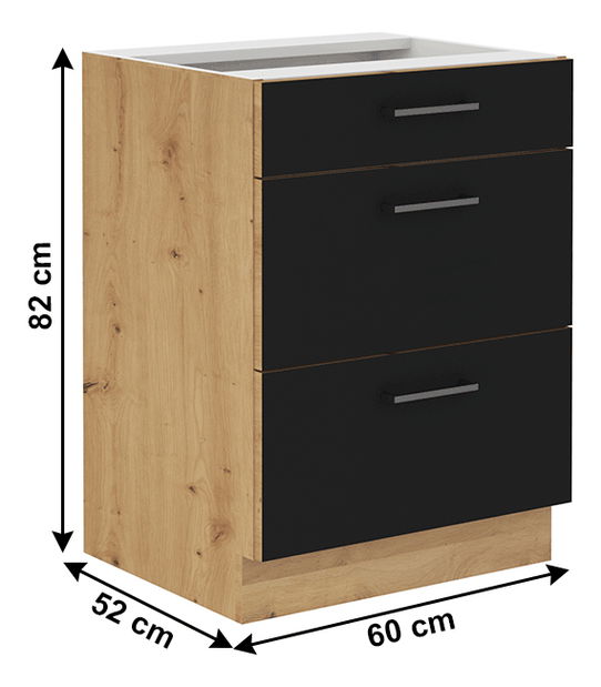 Dulap inferior de bucătărie Meriel 60 D 3S BB (negru + Stejar artisan)