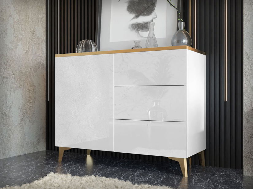 Komoda Opuncia 1D3S (bijela + bijela sjajna + zlatna)